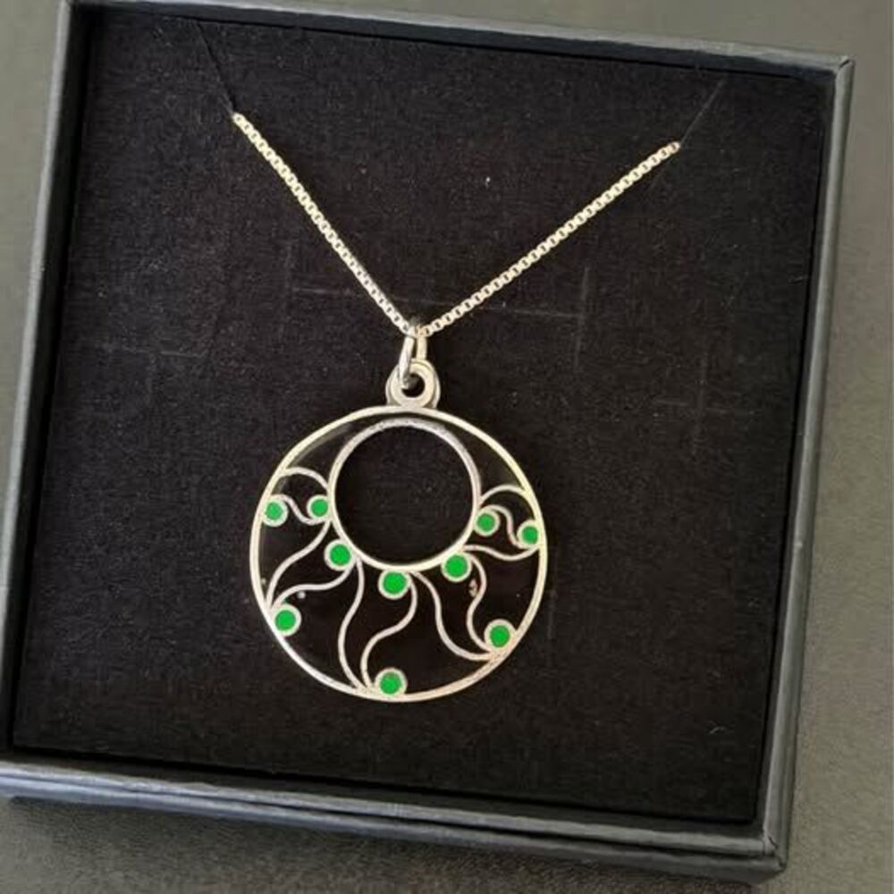 Sterling Silver Black Enamel Sunburst Pendant Necklace | 20inch